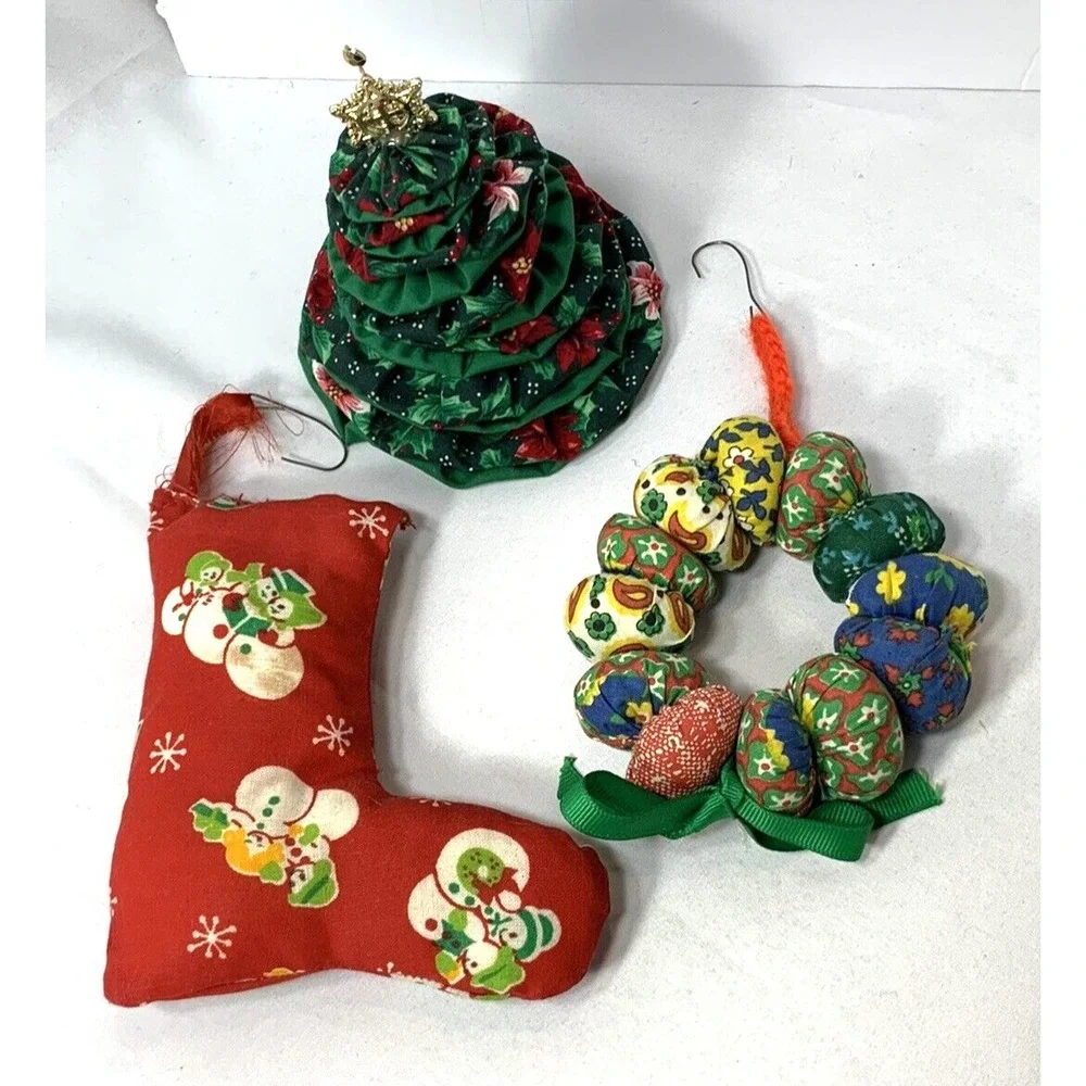 Quilted Fabric Christmas Ornaments Hand Made Stocking Tree Wreath Set of 3 VINTG